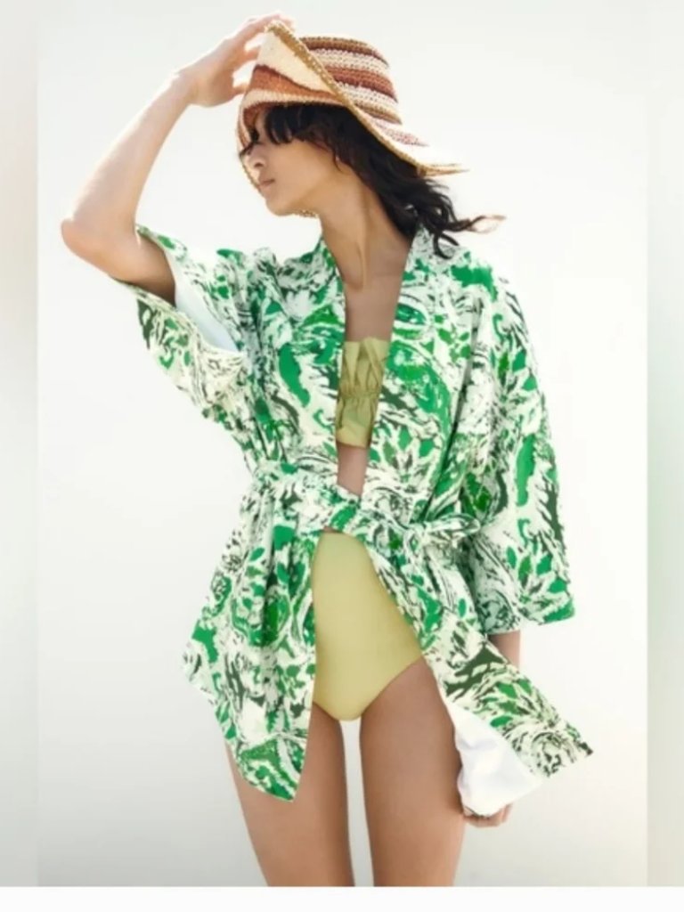 Zara Linen Blend Tie Front Kimono Green White M-L
